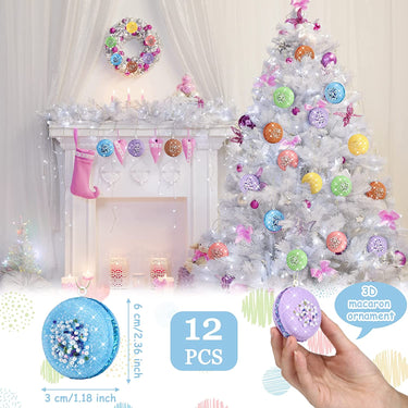 12 Pcs Christmas Tree Ornament Set 3D Glittered Macaron Ornament Colorful Candy Christmas Ornaments Pastel Macaron Decorative Hanging Ornaments with Ropes for Christmas Holiday Candy Party Decorations